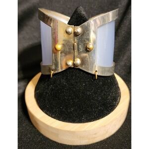 VTG Thermoset Gold Tone Light Blue Hinged Cuff Bracelet Industrial Rivet READ